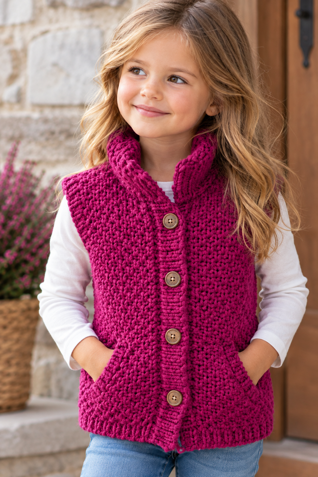 Dětská vesta z příze Tulip Big purpurová 4048