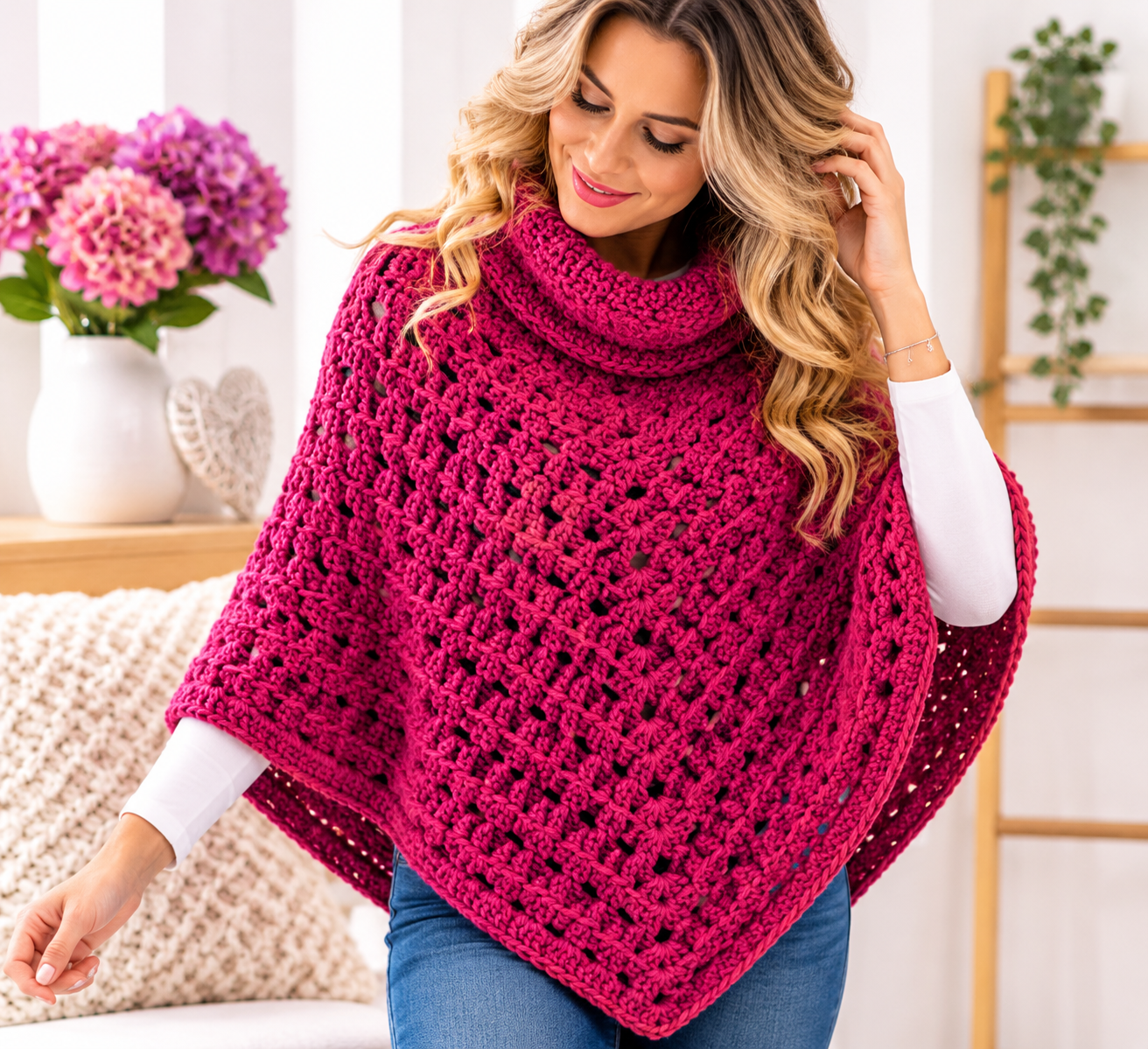 Háčkované pončo z příze Tulip Big purpurová 4048