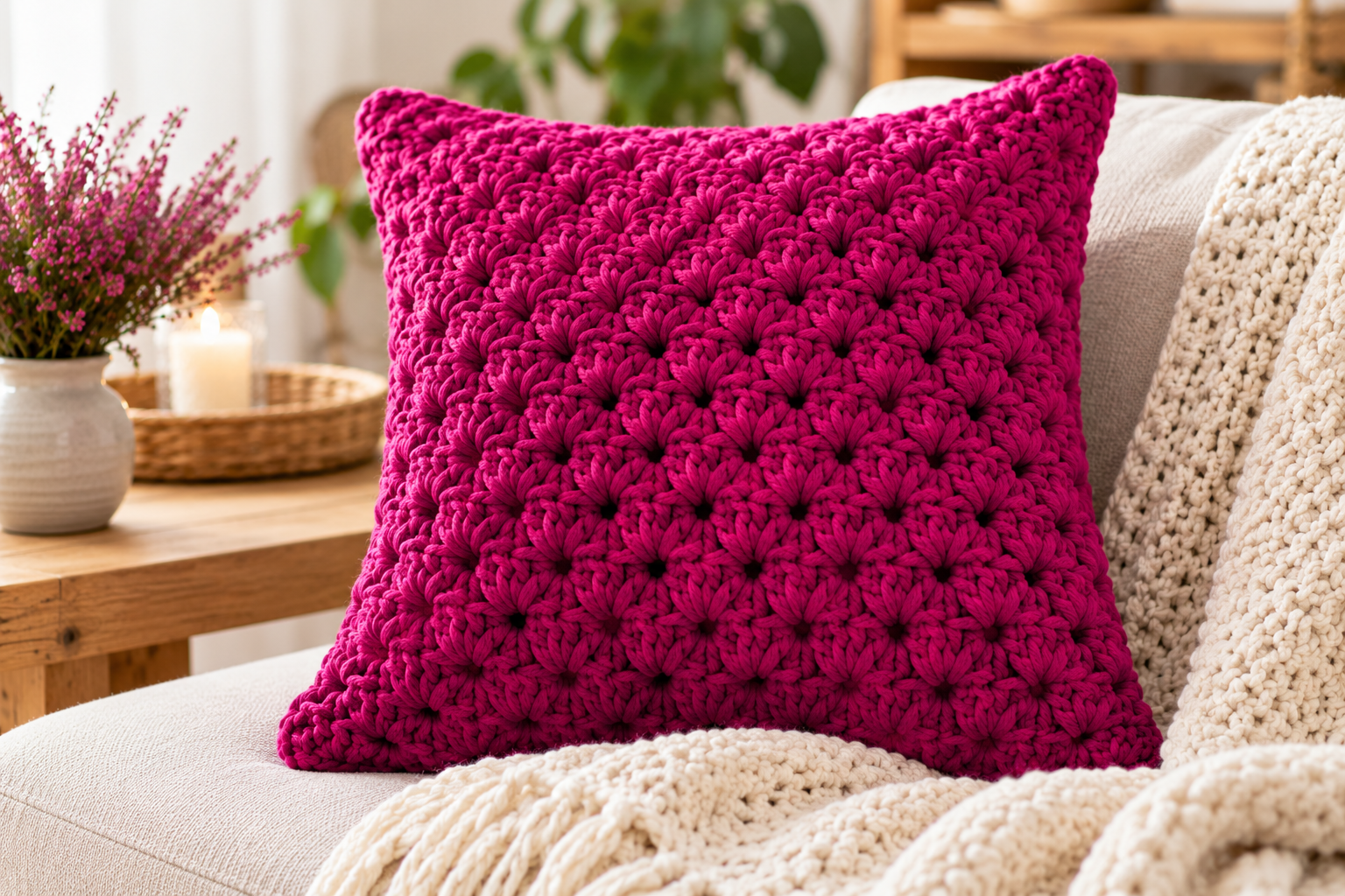 Háčkovaný polštář z příze Tulip Big purpurová 4048