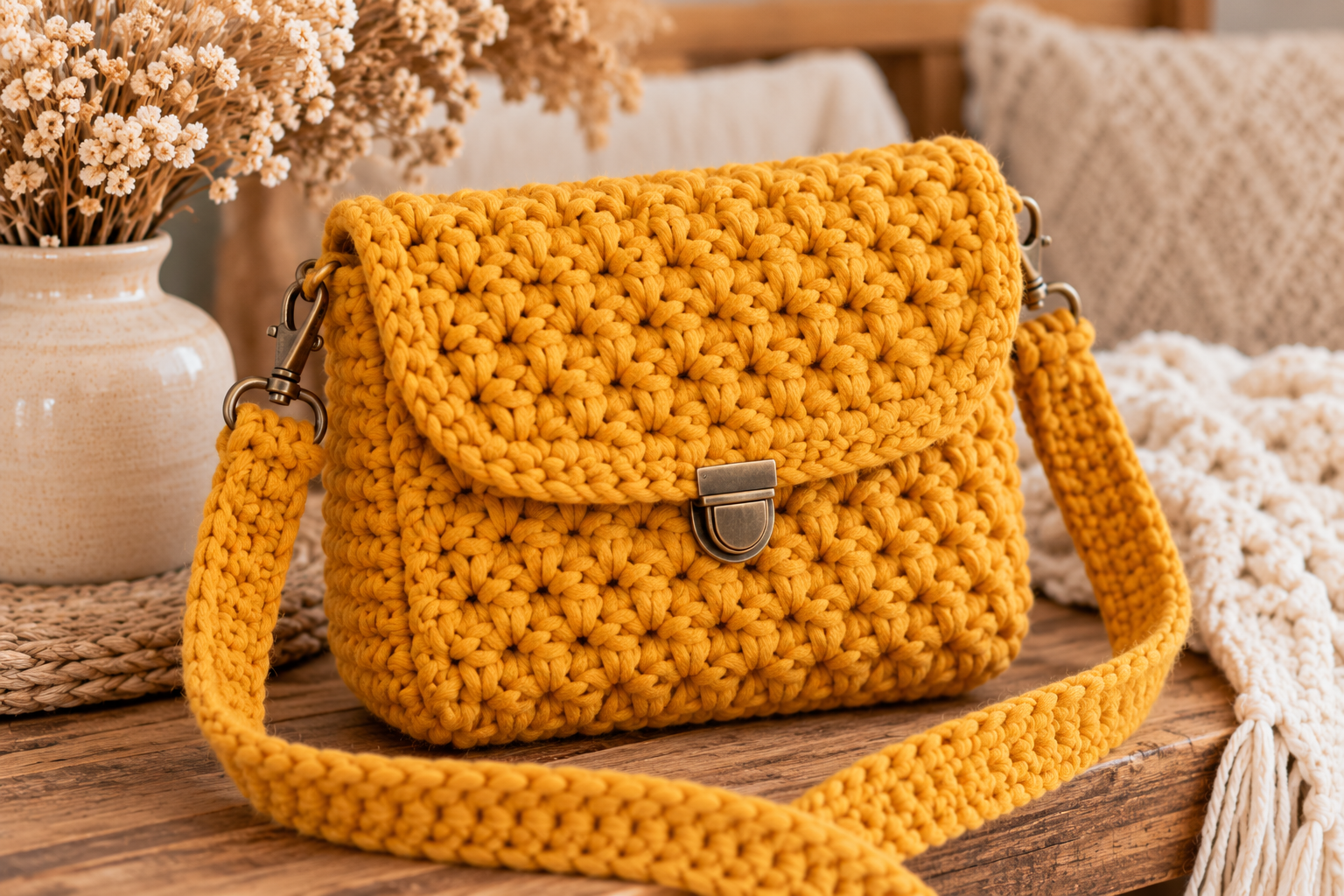 Háčkovaná crossbody kabelka z příze Tulip Big světle hořčicová 4489