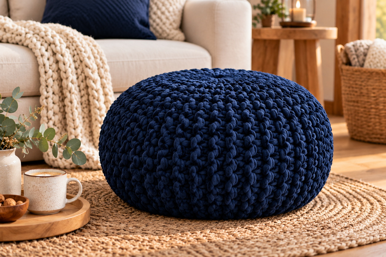 Pletený puf z příze Tulip Big tmavě modrá 4121